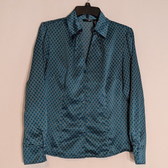 EAST 5TH Teal Satin Long Sleeve Collared Button Blouse; Size 10 - Picture 1 of 5
